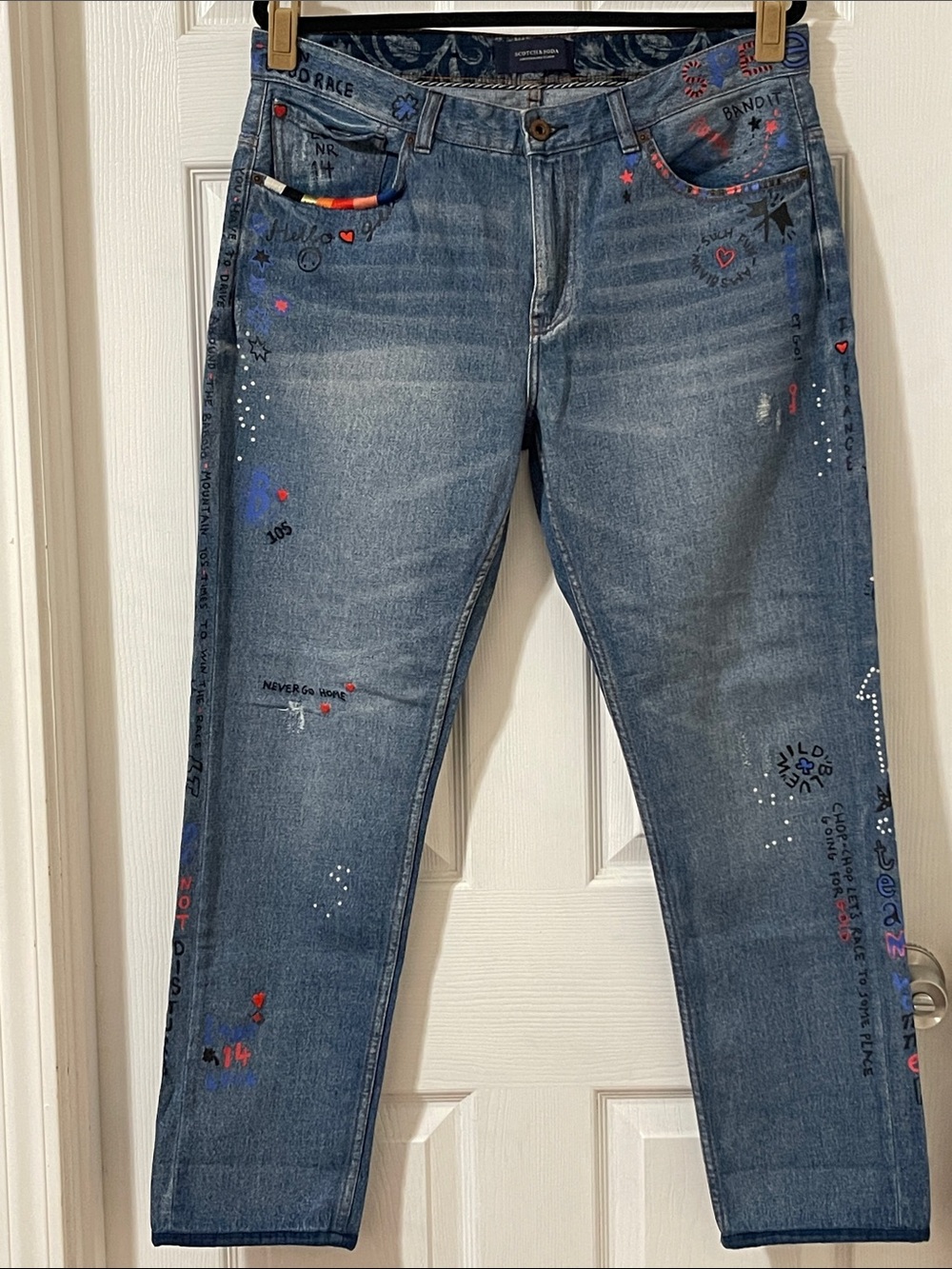 Scotch & Soda Blue Denim Amsterdams Blauw with Colorful Embroidery and writing